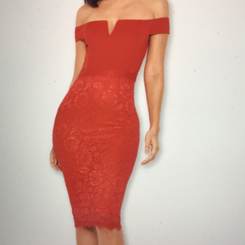 Off shoulder red midi bodycon dress